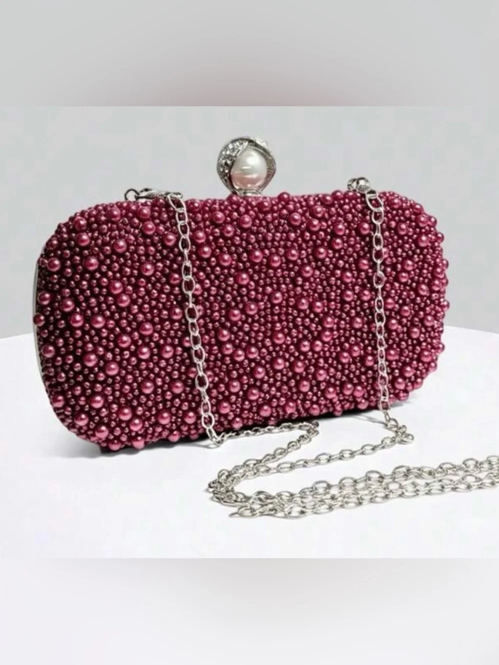 Pearl & Crystal Embellished Clutch Burgundy